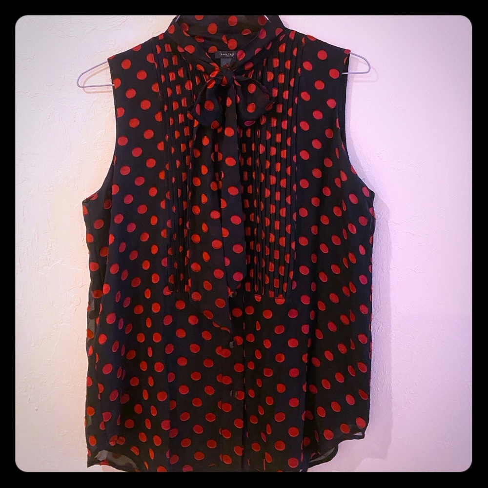 Black & Red Polka Dot Bow Neck Sleeveless Top
